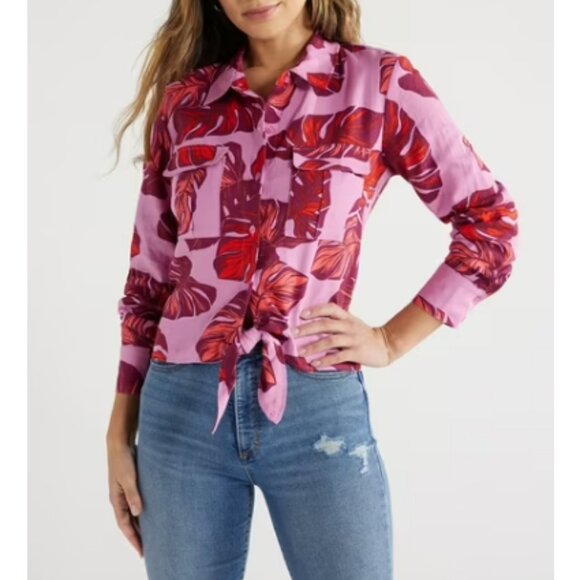 Sofia by Sofia Vergara Women's Pink Red Leaf Print Button Down Shirt Size XL - Picture 1 of 12